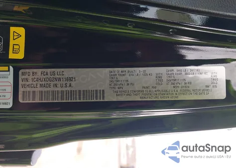 2022 Jeep Wrangler Unlimited Sport 4X4 z USA, uszkodzony, nr VIN 1C4HJXDG2NW116921